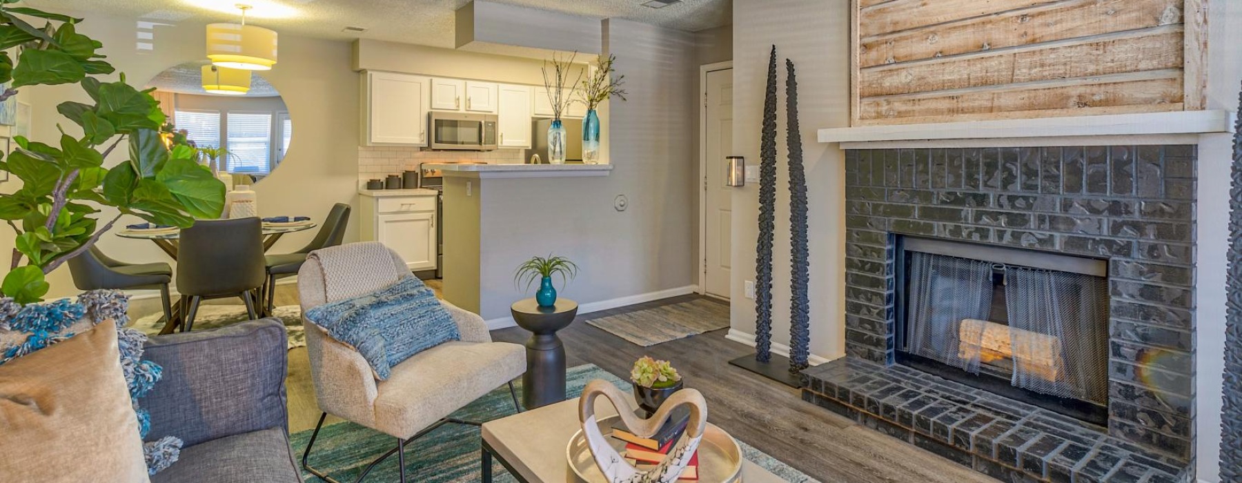 a living room with a fireplace