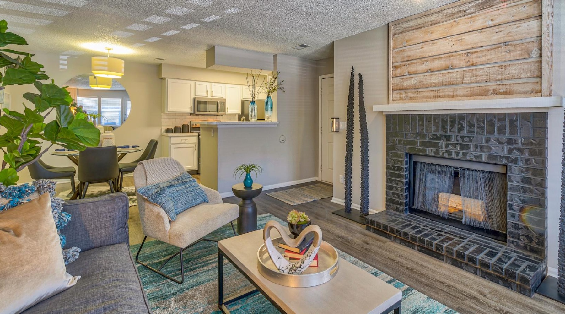 a living room with a fireplace